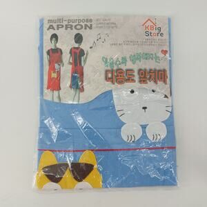 Blue Multi-Purpose Apron Cute White Yellow Cats Ruffled Hem